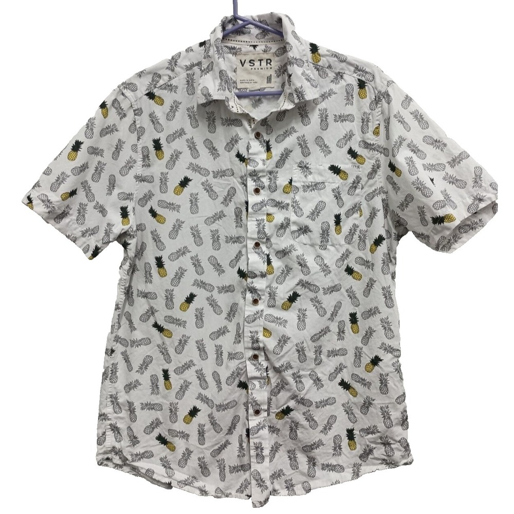 VSTR Premium Hawaiian Shirt Mens Large White Cotton Pineapple Print Short Sleeve